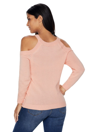 Pink Cold Shoulder Lace up Detail Knit Sweater Top