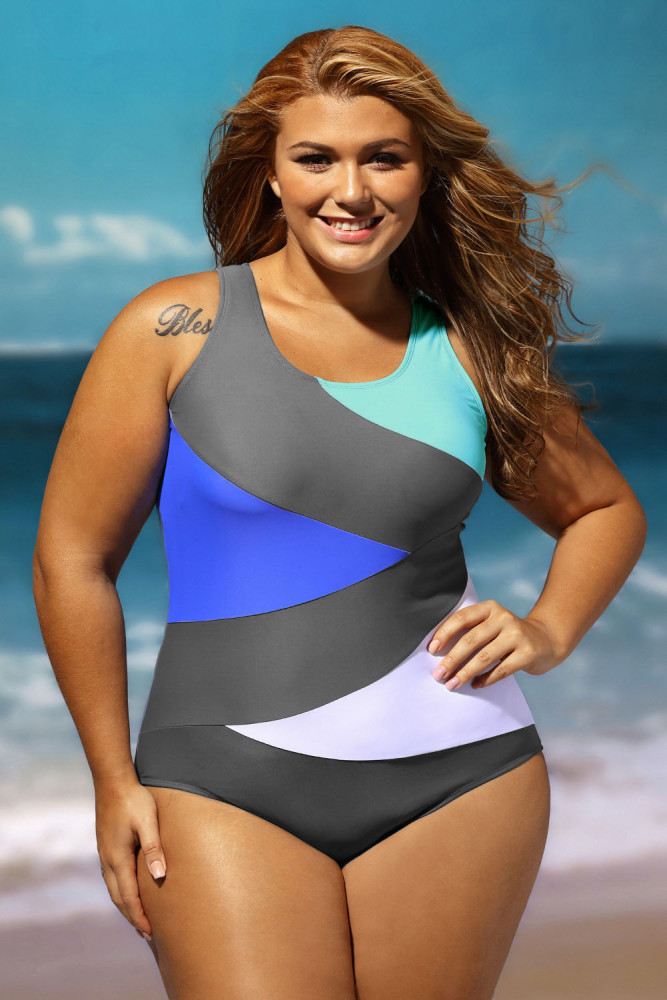 Sexy Color Block Front Lace up Gray One Piece Swimsuit