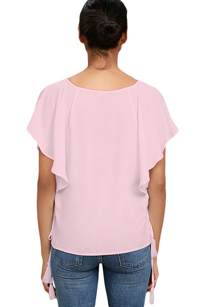 Pink Butterfly Sleeve Top with Tasseled Ties