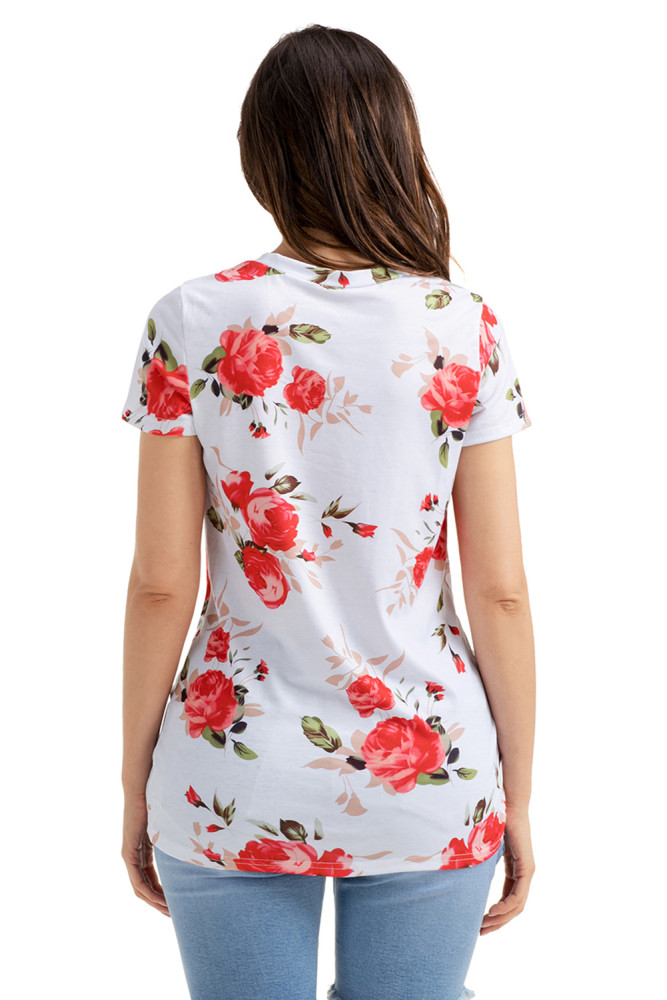 Reddish Floral Short Sleeve Knot Top