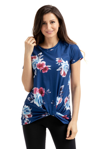 Dark Blue Floral Short Sleeve Knot Top