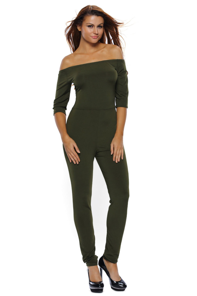 Olive Green Bardot Neckline Fashion Jumpsuit