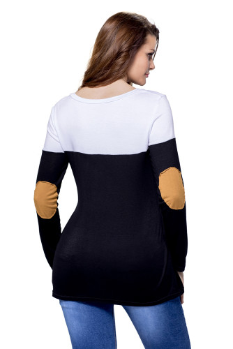 Black White Color Block Patch Insert Long Sleeve Blouse Top