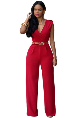 Red V Neck Belt Embellished Jumpsuit