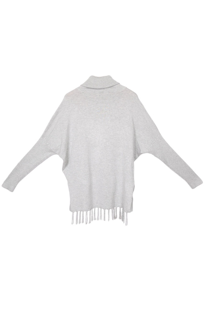 Gray Turtleneck Fringe Hemline Tunic Sweater