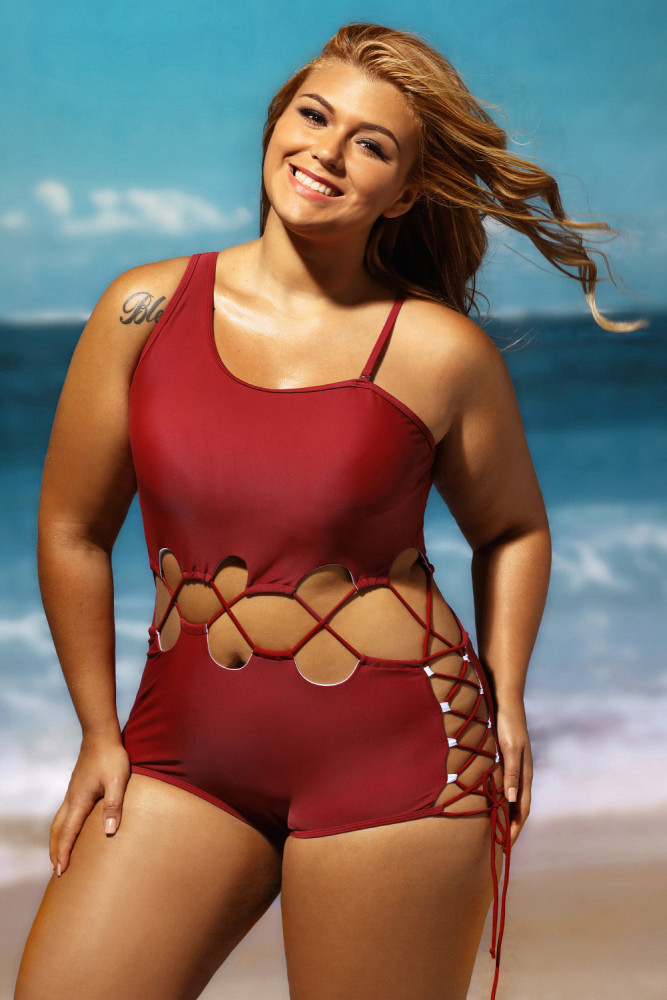 Date Red Lace Up Cutout Asymmetric Shoulder Maillot