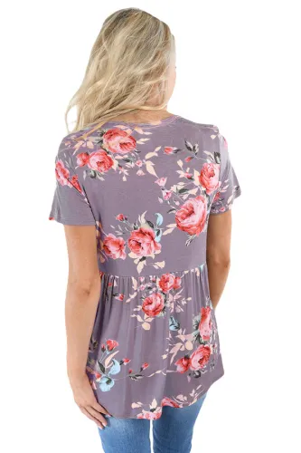 Taupe Floral Grommet Lace Up V Neck Loose Shirt