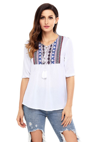 Delicate Printed Neck 3/4 Sleeve White Crepe Top