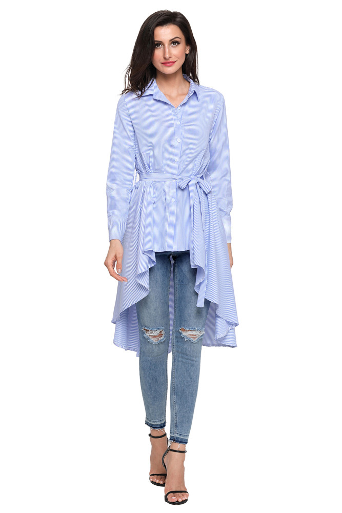 Light Blue Striped Lapel Shirt High Low Belted Blouse Top
