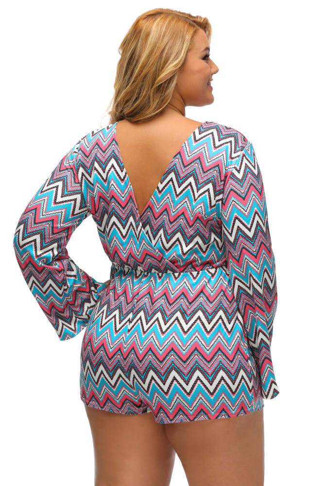 Plus Bright Zigzag Print Deep V Lace-up Long Sleeve Playsuit