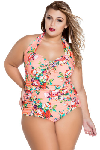 Orange Floral Plus Size Non-underwire Maillot