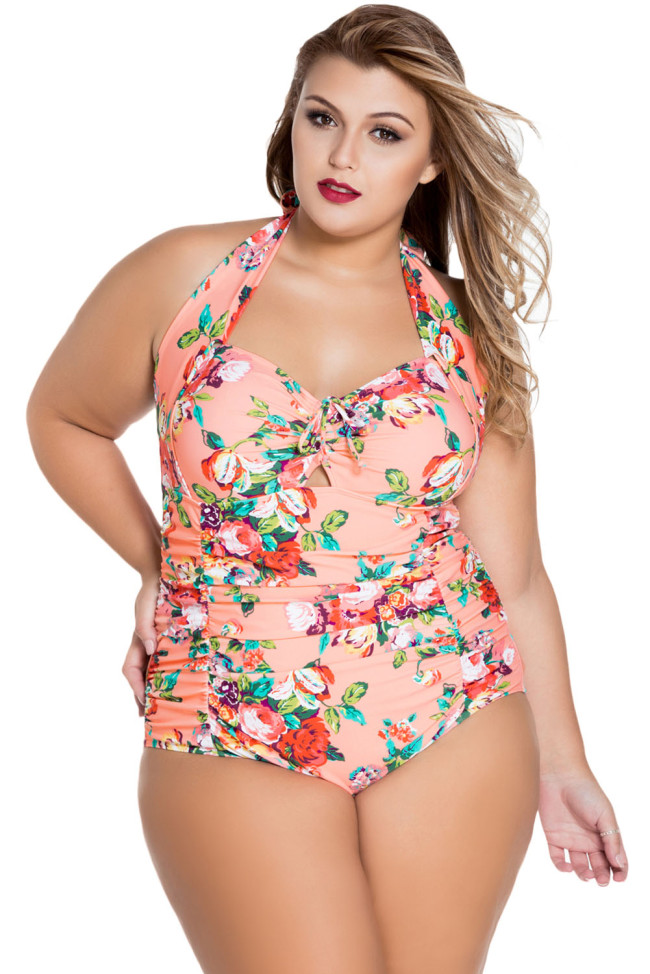 Orange Floral Plus Size Non-underwire Maillot