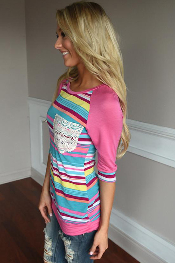 Rosy Raglan Sleeve Lace Pocket Detail Printed Top