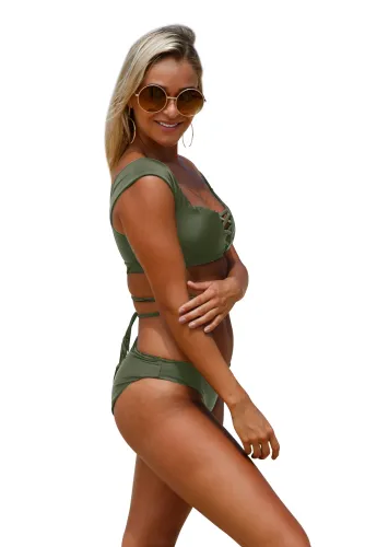 Army Green Strappy Crisscross 2pcs Tankini Swimsuit