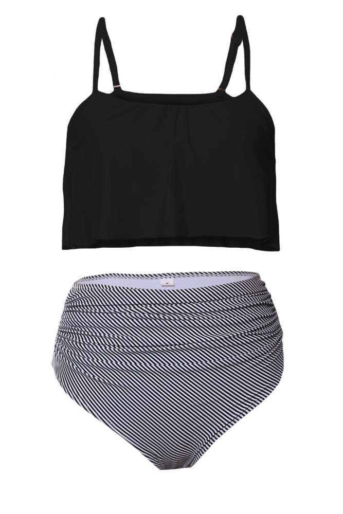 Black Top and Striped Bottom High Waist Swimwear