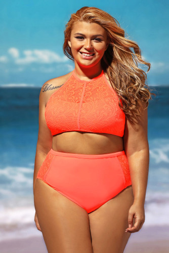 Red Patterned Mesh Insert Plus Size Swimwear