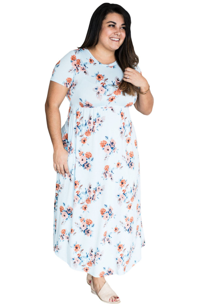 Casual Pocket Design Light Blue Floral Dress