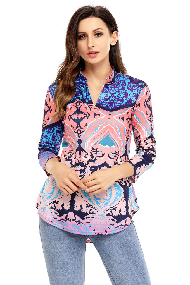 Coral Navy Easily Obsessed Damask Print Split V Neck Tunic