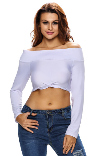 White Knotted Front Off-the-shoulder Long Sleeve Top