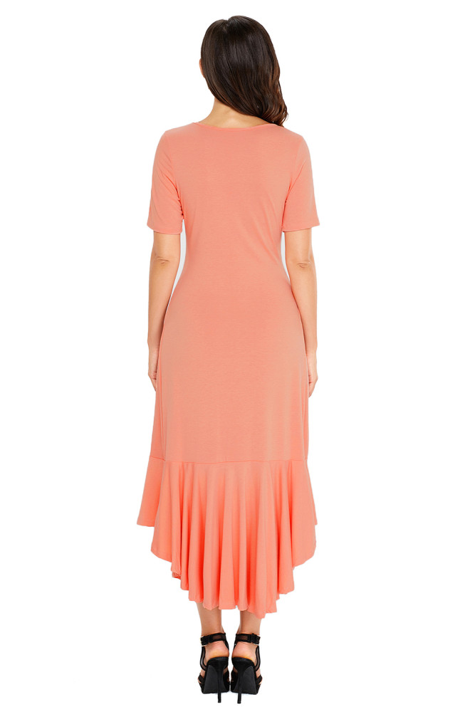 Coral Flowy Ruffles Short Sleeve Casual Dress