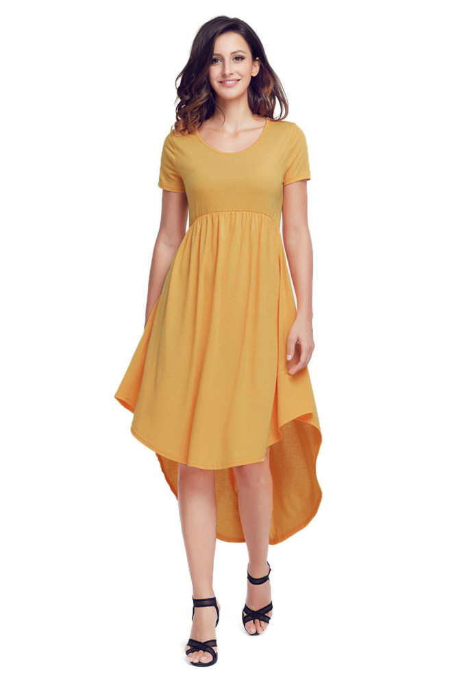 Yellow Short Sleeve High Low Pleated Casual Swing Dress