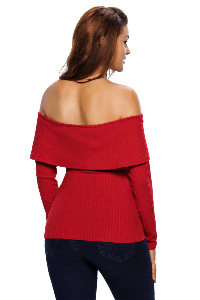 Wine Knit Off Shoulder Ribbed Long Sleeves Top