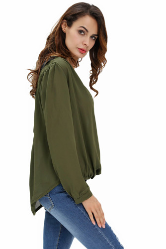 Stylish Army Green Crochet Back Wrap Front Blouse