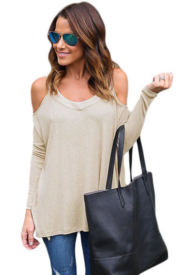 Beige Long Sleeve Relaxed Fit Cold Shoulder Top