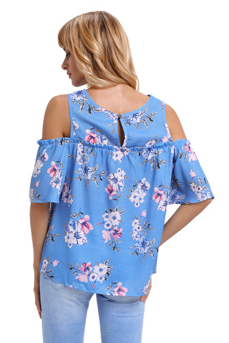 Cold Shoulder Blue Floral Blouse