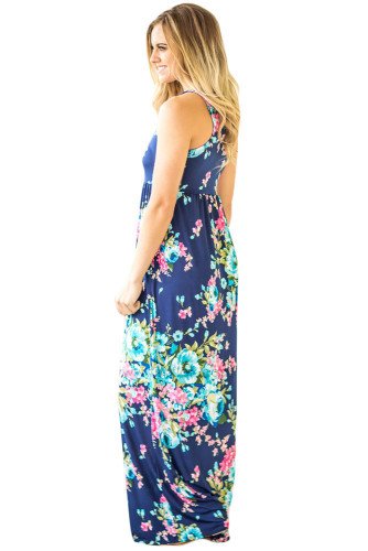 Navy Floral Print Sleeveless Long Boho Dress
