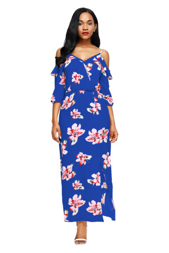 Blue Cold Shoulder Floral Slit Maxi Dress