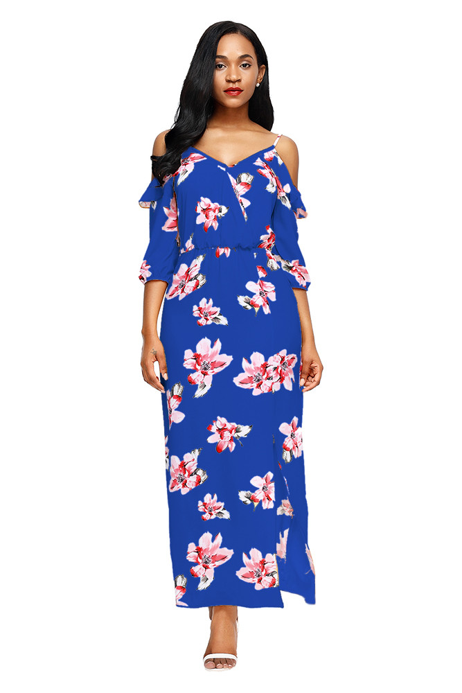 Blue Cold Shoulder Floral Slit Maxi Dress