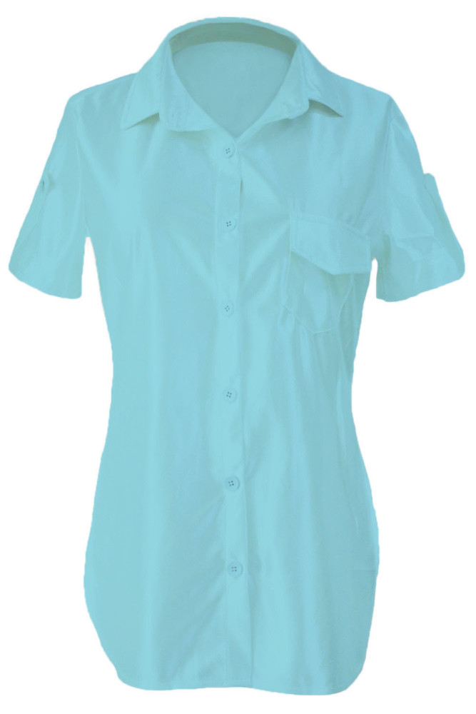 Light Blue Button Up Side Slit Short Sleeve Shirt