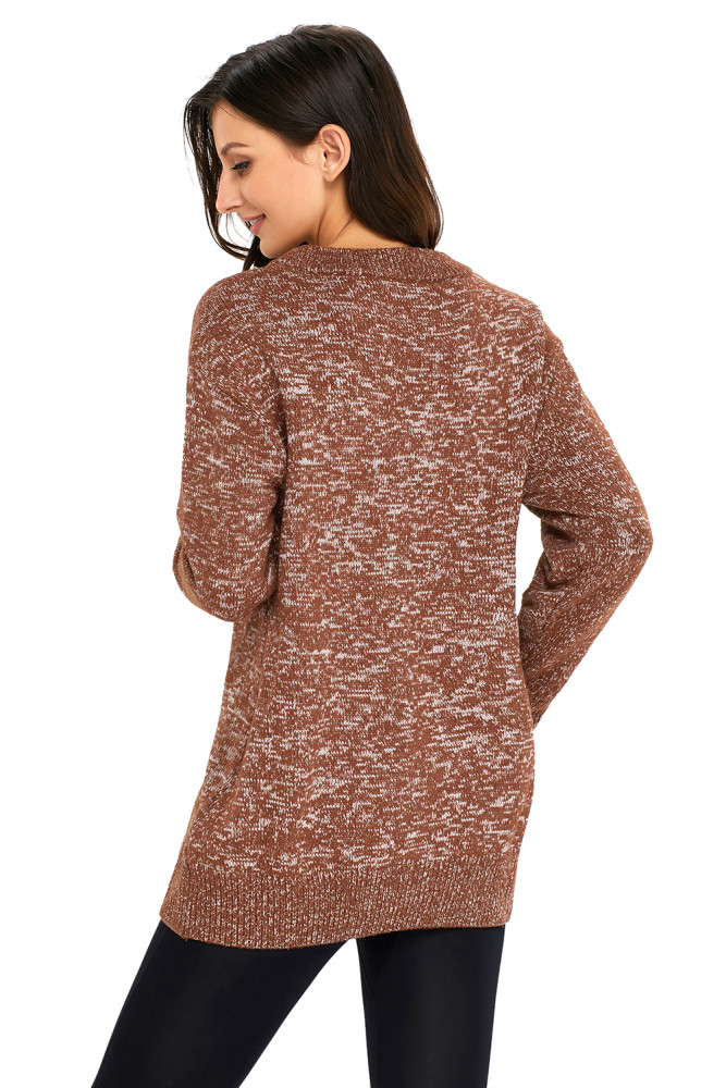 Tan Chic Long Sleeve Sweater with Lace up Neckline