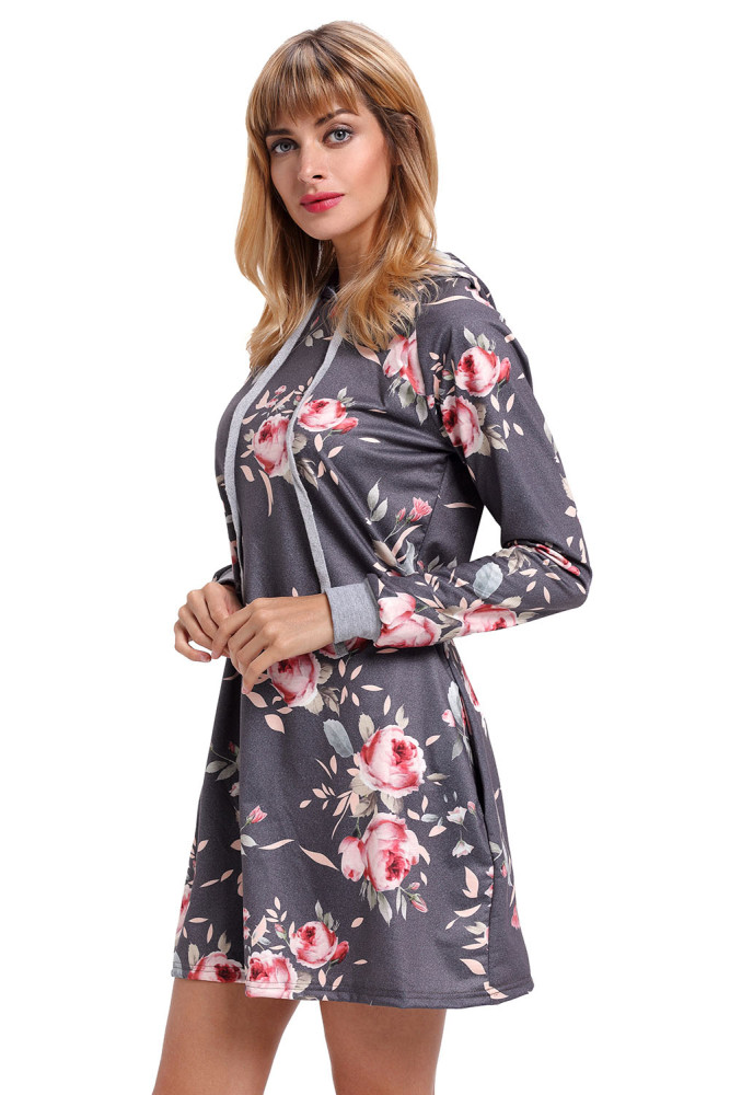 Grey Floral Print Drawstring Hoodie Dress