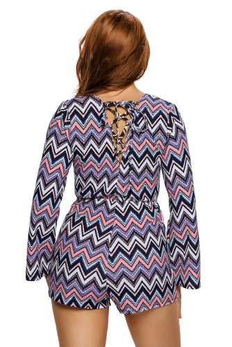 Multicolor Zigzag Print Deep V Lace-up Long Sleeve Playsuit