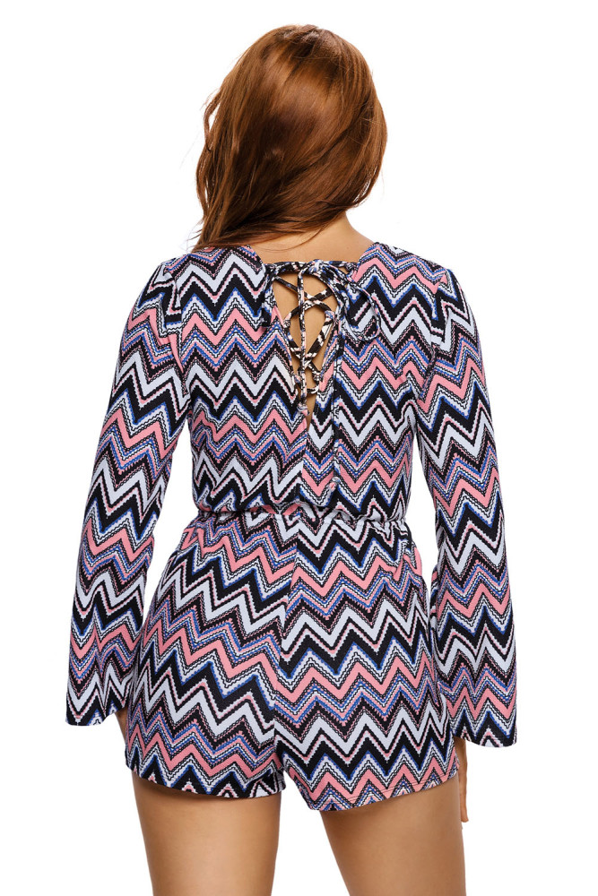 Multicolor Zigzag Print Deep V Lace-up Long Sleeve Playsuit