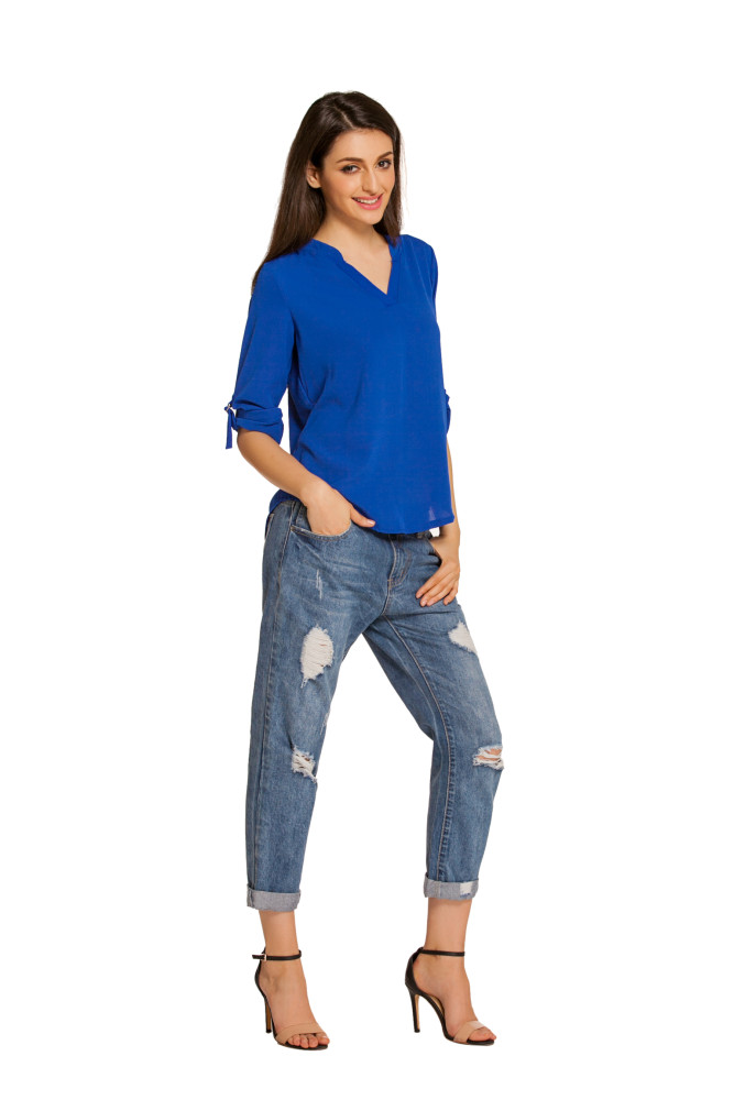 Royal Blue V Neck Loose Fitting Chiffon Blouse