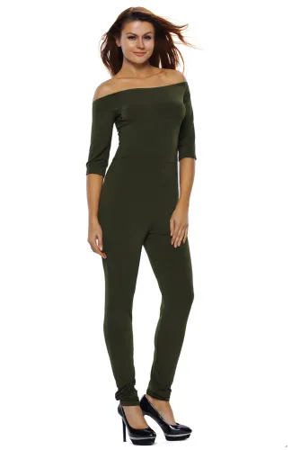 Olive Green Bardot Neckline Fashion Jumpsuit
