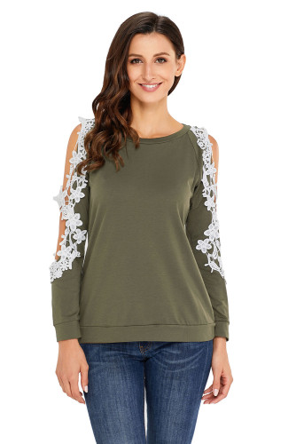 Lace Trim Cold Shoulder Green Long Sleeve Top