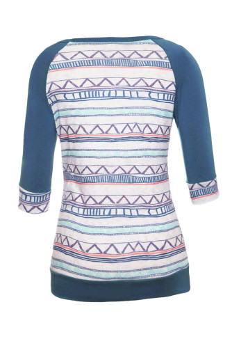 Blue Raglan Sleeve Lace Pocket Detail Printed Top