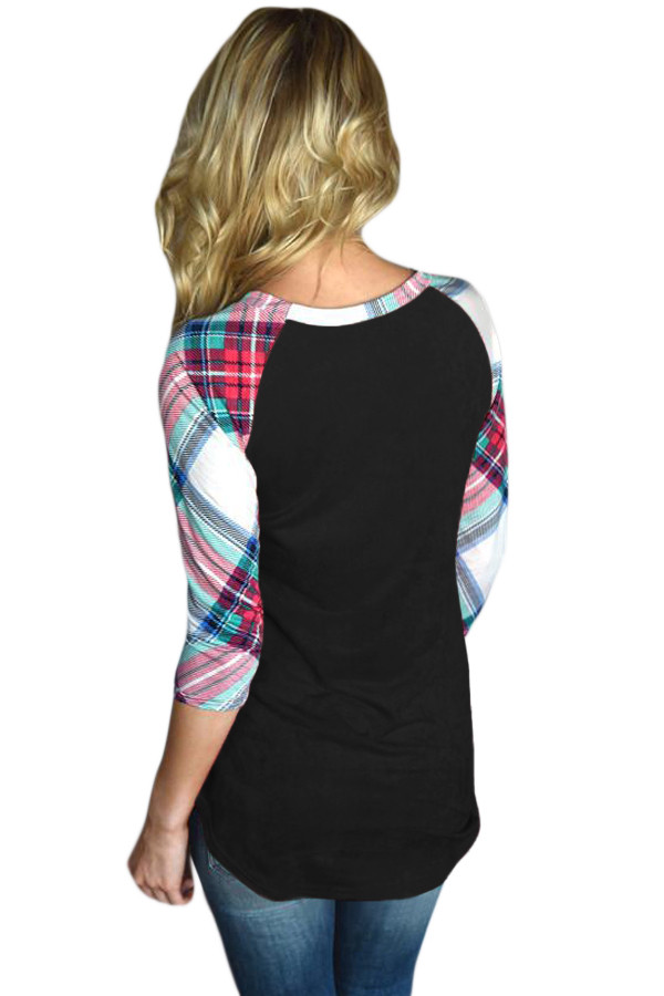 Vibrant Plaid Raglan Sleeve Black Top