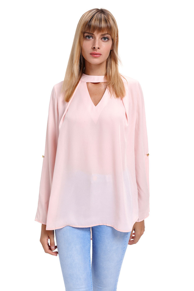 Pink Choker Cut out V Neck Blouse with Keyhole Back