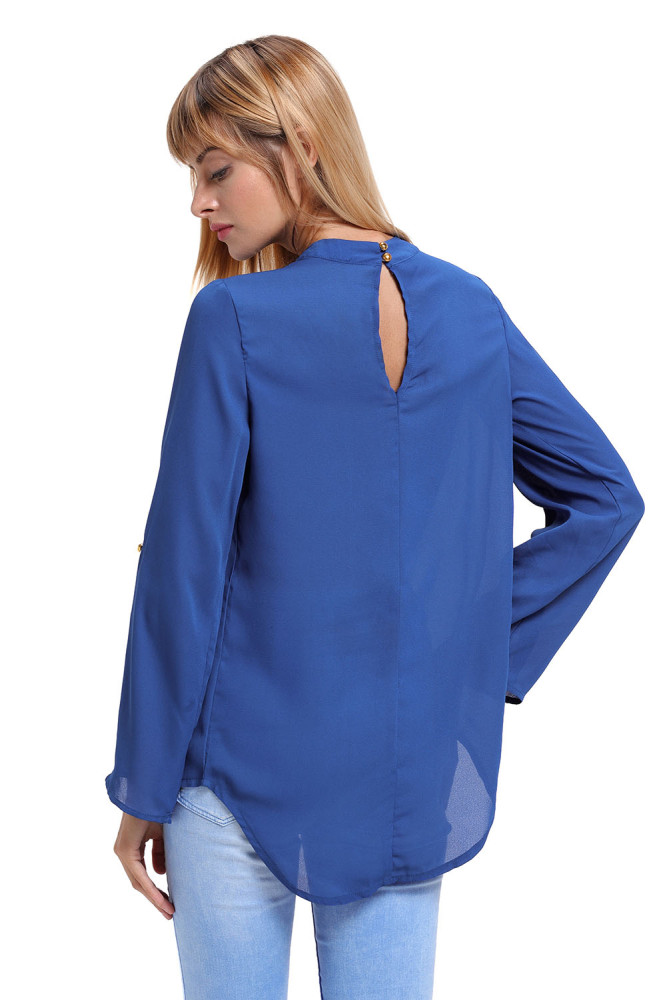 Blue Choker Cut out V Neck Blouse with Keyhole Back