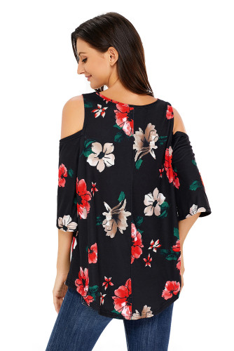 Black Floral Print Three Quarter Sleeve Drop Shoulder Blouse