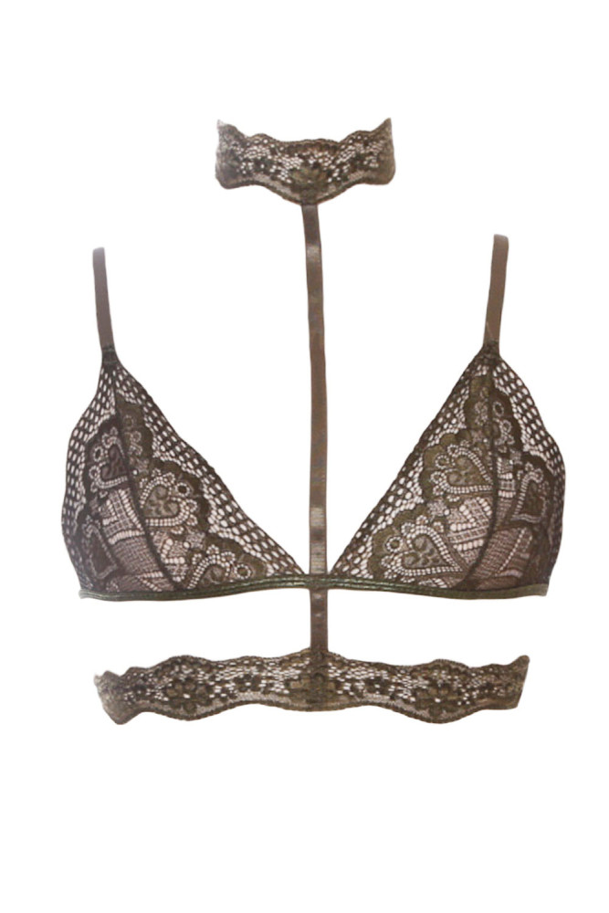 Army Green Seductive Strappy Choker Lace Bra Lingerie