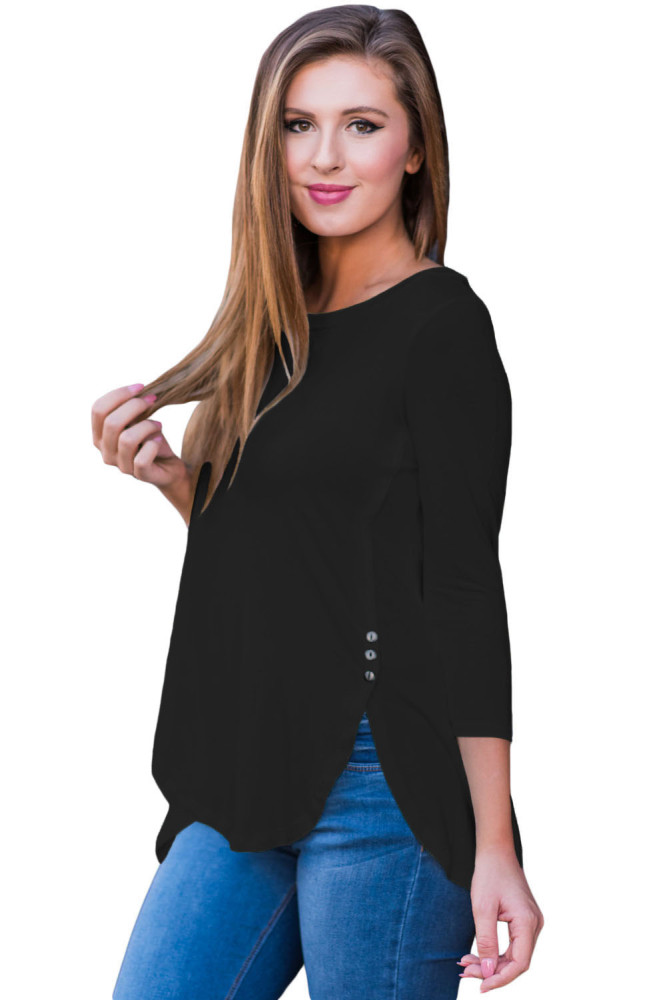 Black Button Slit Detail Long Sleeve Blouse