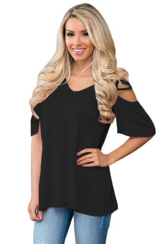 Black Cold Shoulder Crisscross Detail Relaxing Fit Top