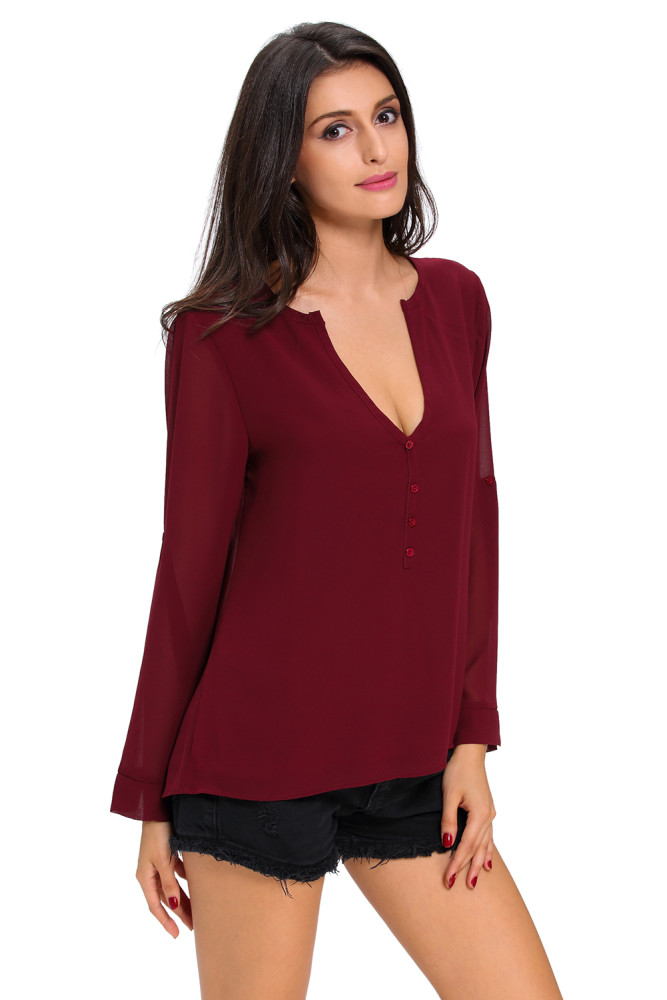 Burgundy V-Neck Button Detail Dip Back Blouse Top