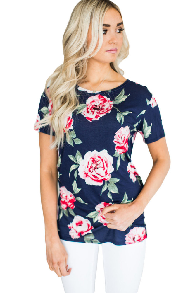 Short Sleeve Round Neck Full-blown Floral Printed T-shirt